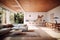 Modern living room with huge windows and minimalist furniture. Generative AI