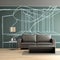 Modern living room interior with abstract chalk & chalkboard mural painted on wall