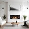 The modern living room interior design features a wooden cabinet, an art poster, and two white sofas