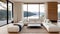 Modern living room interior design with white couch and lake view form large window