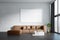 Modern living room interior with empty white mock up banner on brick wall, big couch, other pieces of furniture, curtain, window