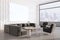 Modern living room interior with empty white mock up banner, bright panoramic city view, furniture and daylight.