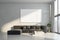 Modern living room interior with empty white mock up banner on concrete wall, big couch, other pieces of furniture, curtain,