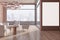Modern living room interior with empty white mock up banner, wooden flooring, bright panoramic city view, furniture and daylight.