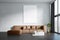 Modern living room interior with empty white mock up poster on brick wall, big couch, other pieces of furniture, curtain, window