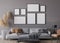 Modern living room interior, gray sofa on dark wall, gallery wall mockup