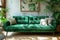 Modern living room interior with green velvet couch and green wall