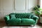 Modern living room interior with luxury green velvet couch and green wall
