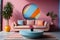 Modern living room interior with pink sofa, blue and pink walls, round coffee table and wall painting ai generated