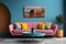 Modern living room interior with pink sofa, blue walls, round coffee table and wall painting ai generated
