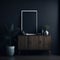 Modern Living Room Interior, Rustic Cabinet Near Wall, Mock Up Art Frame, Dark Colors, Generative AI