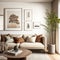 Modern living room interior with soft sofa brown and beige pillows near big green potted tree placed against wall with