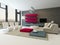 Modern living room interior with stone wall and red cupboard