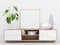 Modern living room interior with a wooden dresser and a square poster mockup, 3D render