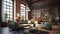 Modern living room in loft style with brick wall, wooden floor and big windows, AI generated. Interior of a living room in a loft