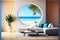 Modern living room lounge with great view through large open window tropical beach paradise