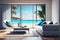 Modern living room lounge with great view through large open window tropical beach paradise