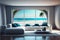 Modern living room lounge with great view through window tropical beach paradise