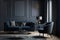 modern living room mock up with dark blue sofa, armchairs near coffee table, modern rug. Generative AI