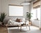 Modern Living Room Mockup with Blank White Poster Plants Sofa