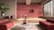 Modern living room in red tones, hall, open space with parquet oak floor with steps, sofa, carpet and coffee tables, dining table