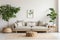 Modern living room Scandinavian, japandi style with a gray sofa, wooden furniture, and green plants, under a framed wall