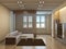 Modern Living Room with Sea View, with Beige Walls, Brown Carpet, Glass Table and Wooden Lattice in Front of the Window