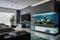 modern living room with sleek furniture and aquarium built into the wall