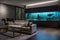 modern living room with sleek furniture and aquarium built into the wall