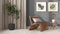 Modern living room in white and gray tones. Close up. Rattan armchair with pillows, curtains, pictures and potted plant. Parquet