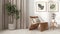 Modern living room in white tones. Close up. Rattan armchair with pillows, curtains, pictures and potted plant. Parquet floor and