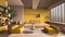 Modern living room in yellow tones, hall, open space with parquet oak floor with steps, sofa, carpet and coffee tables, dining