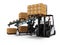 Modern loading forklift products in paper boxes on wooden pallets 3d render on white background with shadow