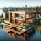 Modern Lodge Lakehouse Cabin Wilderness Fishing Log Chalet Home Exterior Wooden House Construction AI Generated