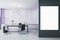 Modern loft clean white tile office interior with blank white mock up banner, furniture, equipment and decorative plants, various