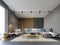 Modern loft interior of living room, grey sofa and colorful pillows on metal flooring and dark concrete wall and wood planks