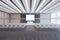 Modern loft style concrete and wooden auditorium with empty white mock up banner, window and city view, stage and many chairs. 3D