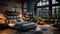 Modern Loft-Style Luxury Studio Apartment with Dark Color Palette, Wooden Parquet Floor, and 3D Panel Wall