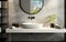 Modern loft white marble vanity counter ceramic washbasin black round mirror black steel towel rack and polished cement wall