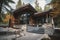 modern log cabin exterior with sleek, contemporary design elements including metal accents and stone