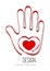 Modern logo with a heart and palm of a hand. The concept of charity, volunteering, love, kindness. Vector