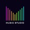 Modern logo for a music studio. Tech neon rainbow m-shaped stripes isolated on a black background.