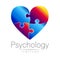 Modern logo of Psychology. Puzzle heart. . Creative style. Logotype in vector. Design concept. Brand company. Blue and