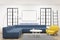 Modern lounge interior, poster, blue sofas