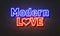 Modern love neon sign on brick wall background.