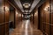 Modern luxurious hotel corridor with wood and tile.