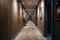 Modern luxurious hotel corridor with wood and tile.