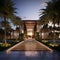 A modern luxurious resort entrance that contains lush lansdacape with palm tress
