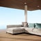Modern Luxury Beach Villa Hotel Ocean Sky, Wood Terrace with sofa, 3D Rendering