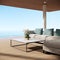 Modern Luxury Beach Villa Hotel Ocean Sky, Wood Terrace with sofa and table, 3D Rendering